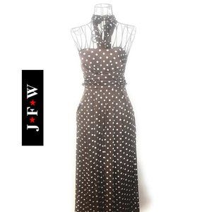 JFW Women Brown Polka Dot  Halter Backless Maxi Dress Size Small